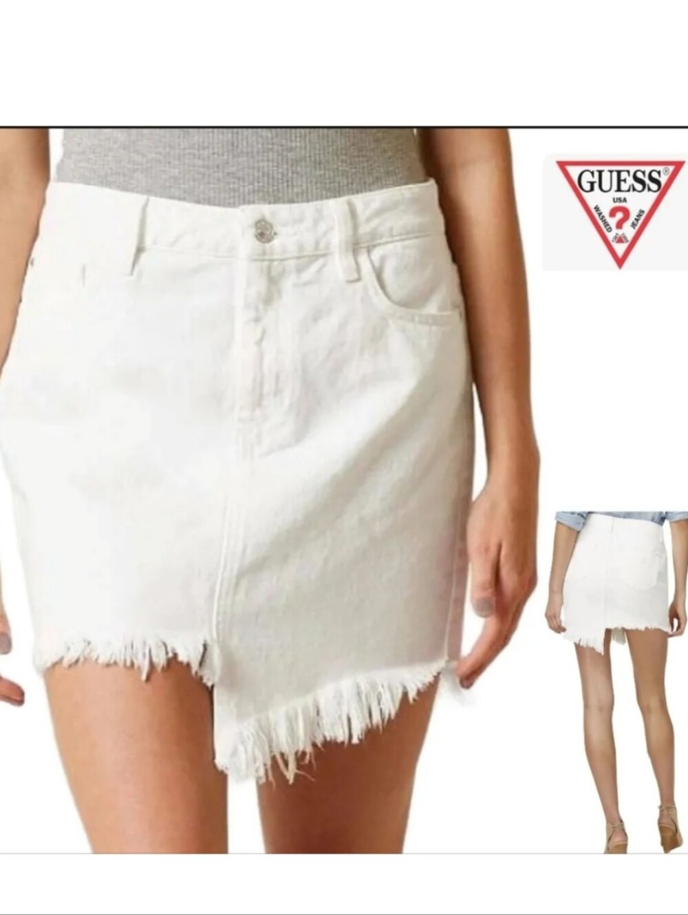Guess Off-White Frayed Hem Denim Skirt